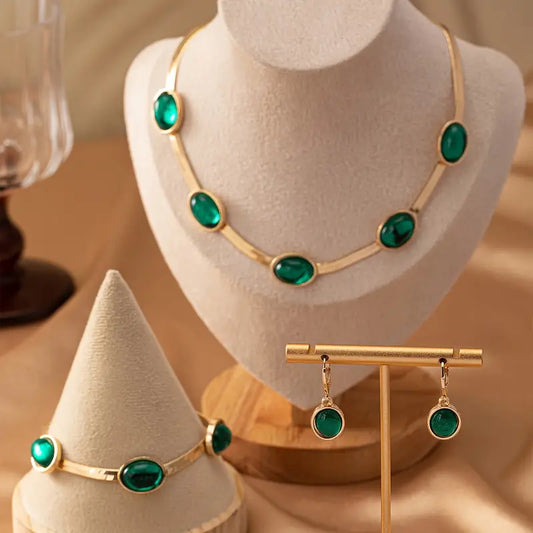 Oval Green Crystal Pendant Necklace Set